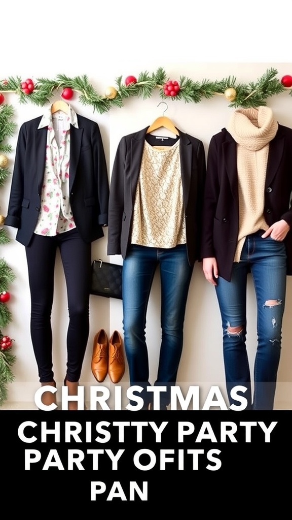 Stylish Christmas party outfits featuring denim pants in a festive setting.